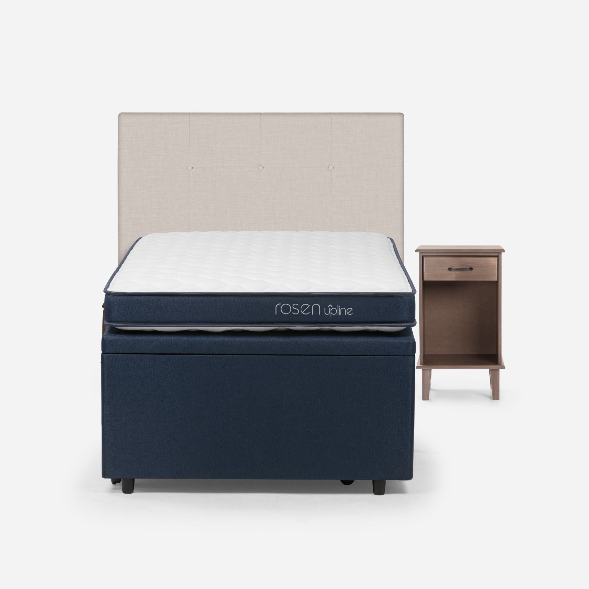 Bed Boxet Upline 1,5 Plazas + Respaldo Bennet y Velador Barry