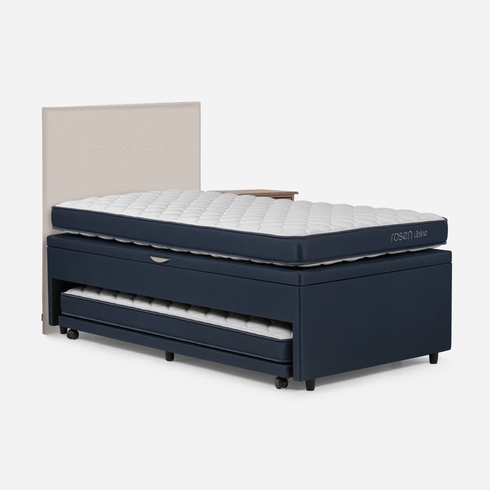 Bed Boxet Upline 1,5 Plazas + Respaldo Bennet y Velador Barry