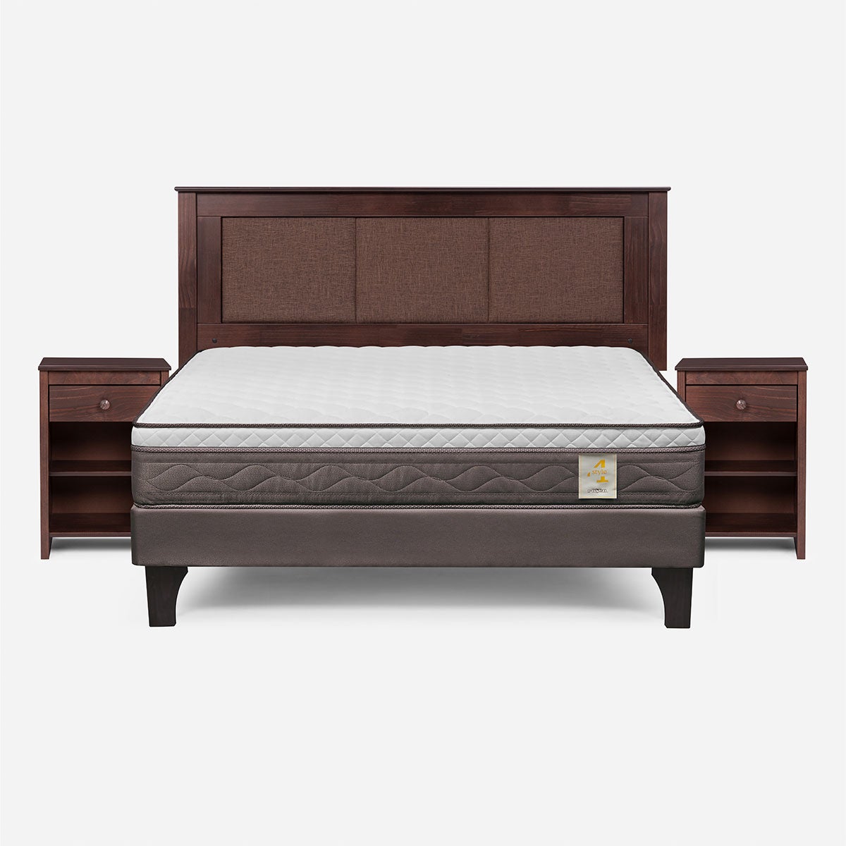 Cama New Style 4 Plus 2 Plazas + Respaldo Rachel y Velador Ferrara