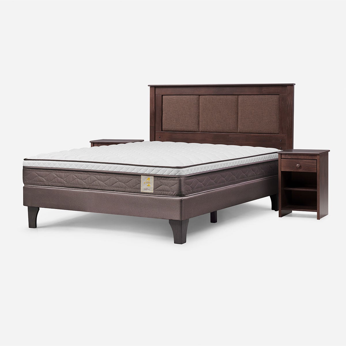 Cama New Style 4 Plus 2 Plazas + Respaldo Rachel y Velador Ferrara